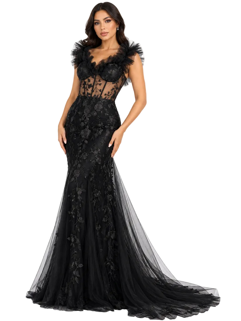 Black Floral Lace Mesh Ruffle Long Evening Gown – Size S